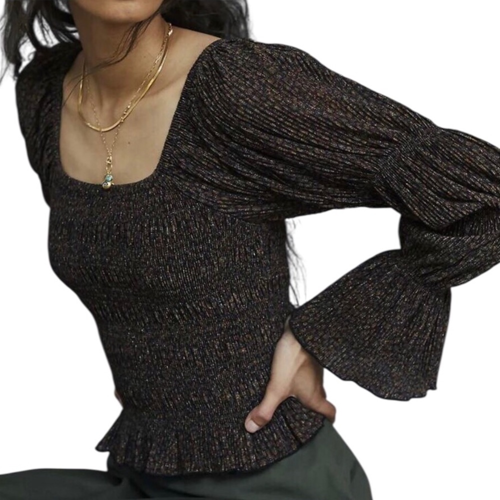 ANTHROPOLOGIE Brown Bishop Shimmer Smocked Square Neck Poet Sleeve Top Med